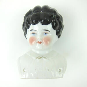Antique Bisque German China Doll Head Hertwig Helen Turned Head Black Curls RARE